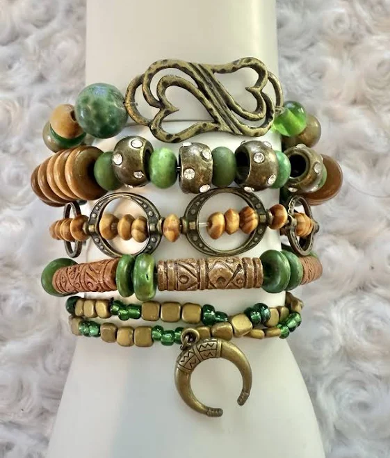accessory Boho Earthy Handmade Brown And Green And Brass Bracelet Set eBay $33