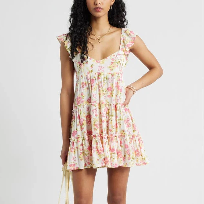 dress BP. Floral Flutter Sleeve Cotton Blend Mini Sundress in Ivory- Pink Savannah Garden at Nordstrom, Size Large Nordstrom $59.5