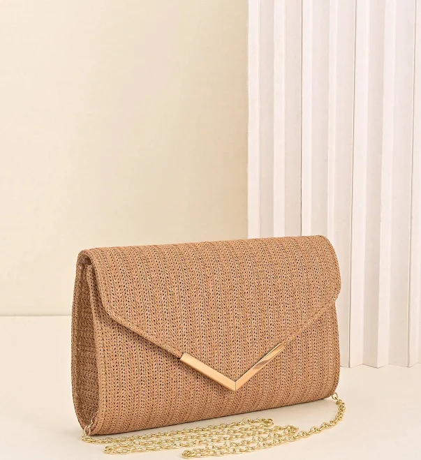 bag Bridal Natural Straw Envelope Clutch, Gold V Metal Frame Evening Bag For Beach Wedding Photoshoot,Bridesmaid Woven Straw Clutch, V-Shaped Metal Accent Shein $12.89