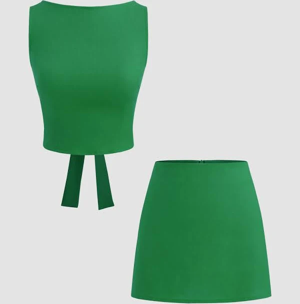 outfit CIDER Versatile Woven Cotton Linen Blend Boat Neck Crop Top & Mini Skirt Set Women's Summer Casual Cider $37.9