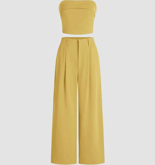 outfit CIDER Women Shirred Two-Piece High-Waist Wide-Leg Pants Strapless Tube Top Breathable Cider $42.9