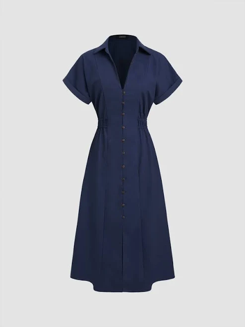 dress CIDER Women's Linen-blend Solid Collar Shirred Button Midi Shirt Dress Office Cider $49.9