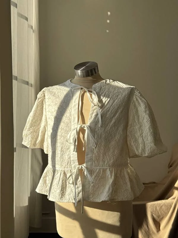 top Cindy Cotton Puff Sleeve Embroidered Tie Front Top K. A. Classics $64