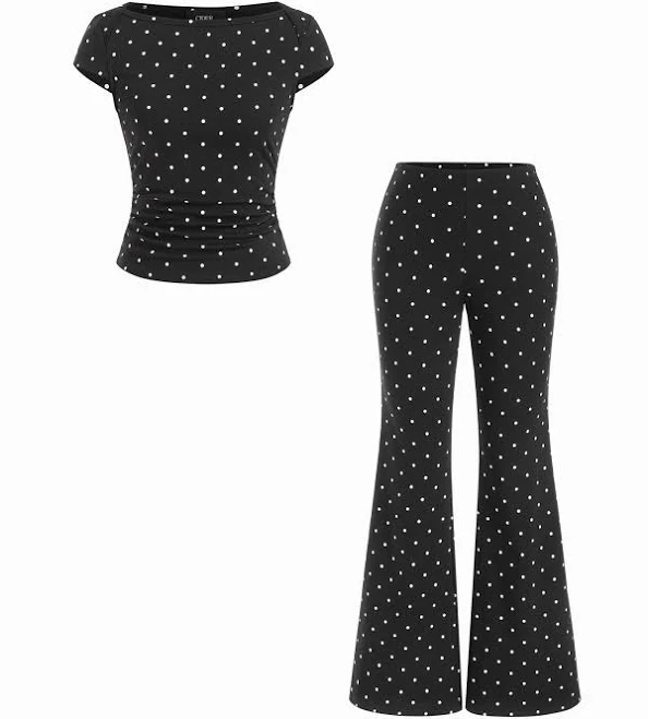 polka dots outfits Cotton-Blend Boat Neck Polka Dot Top and Mid Rise Flared Trousers Set Cider $42.9
