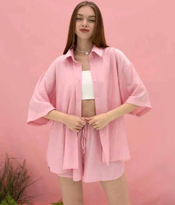 two piece set Crinkled Linen Button Shirt & High-Waisted Shorts Summer Set Etsy - UAchoice $168.3