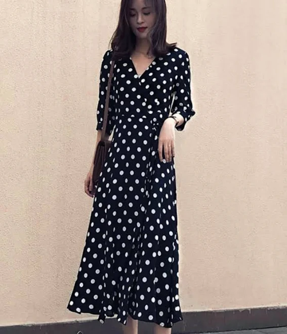 dress DaisySilk Polka Dot Silk Wrap Midi Dress Black White 3/4 Sleeve eBay - daisysilk $246.99