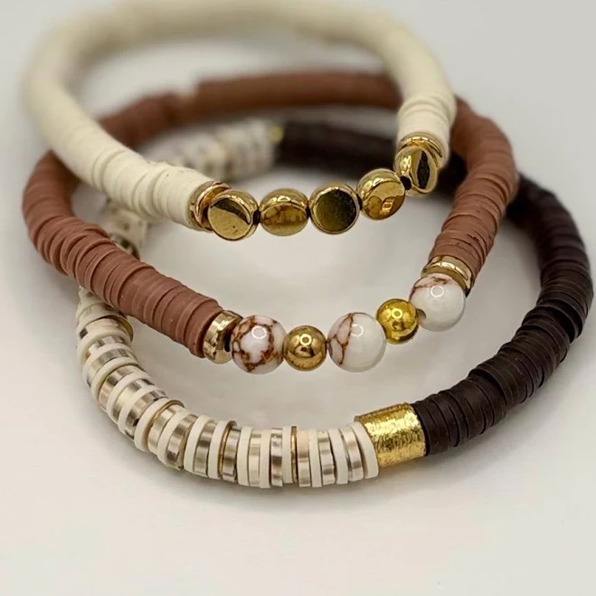 accessory Earthy Neutral Bracelet Stack * Heishi Beaded Bracelets with Gold Accents * Warm Brown Stretch Bracelets * Handmade Jewelry Set of 3 Etsy - Seller $30