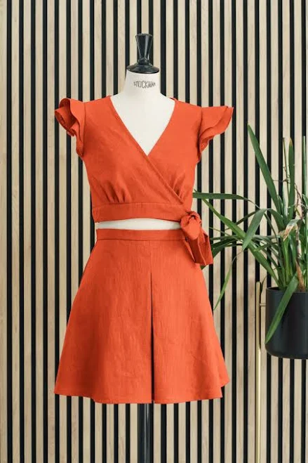 matching set egloo Orange Linen Skirt and Top Set, Ruffle Crop, Pleated Skater Skirt Etsy - Seller $140.92