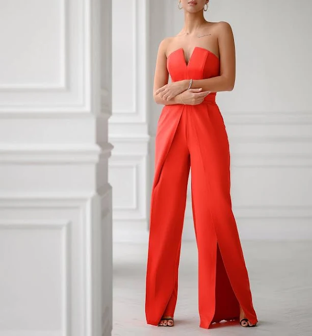 jumpsuit ELAGIA Women's Strapless V-Neck Crepe Jumpsuit Elagia $124.99