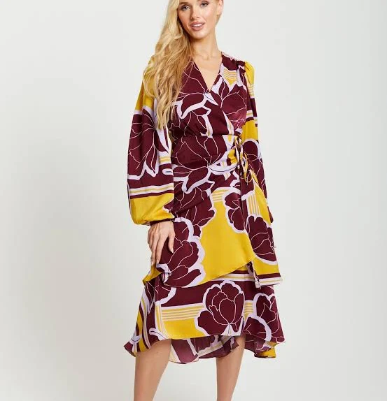 dress Elegant Satin Midi Wrap Dress with Long Balloon Sleeves Etsy - Seller $66.26