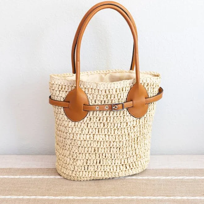 bag Elena Straw Top Handle Shoulder Bag with Leather Accent Elena Handbags $48