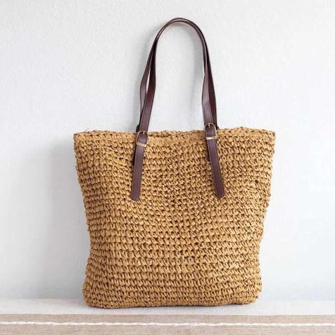 bag Elena Straw Woven Tote Bag with Leather Strap Elena Handbags $42