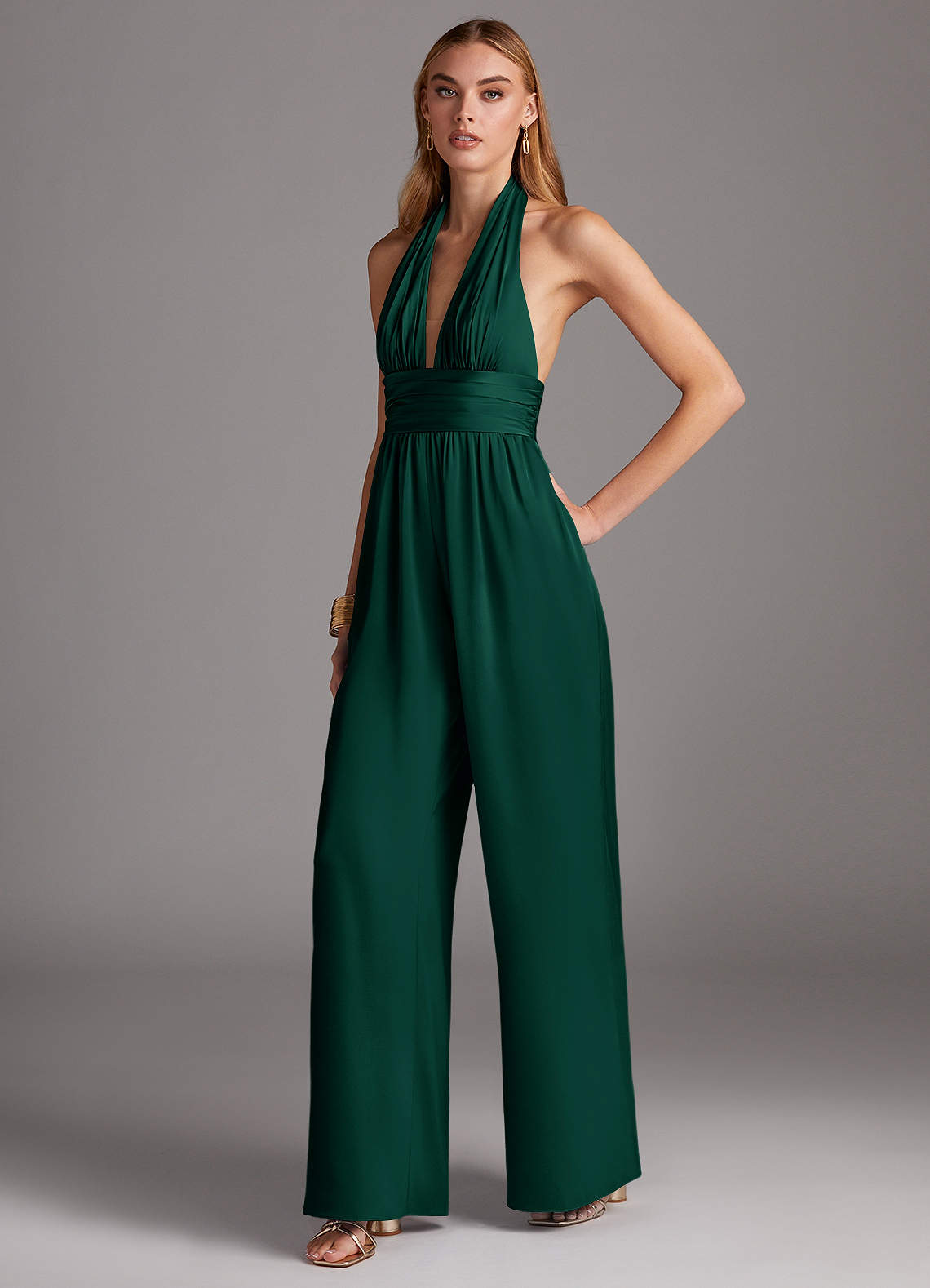 romper Emerald Pleated Stretch Satin Jumpsuit Azazie.com $29