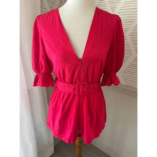 romper Emory Park NWT Women’s Small Hot Pink Front Zipper Puff Sleeve Belted Romper - New Women | Color: Pink | Size: S Mercari $31.16
