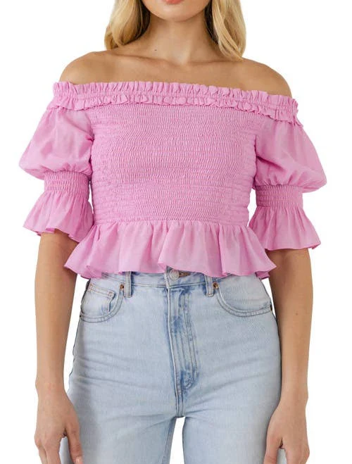top Endless Rose Women's Off-the-Shoulder Smocked Crop Top Nordstrom $80