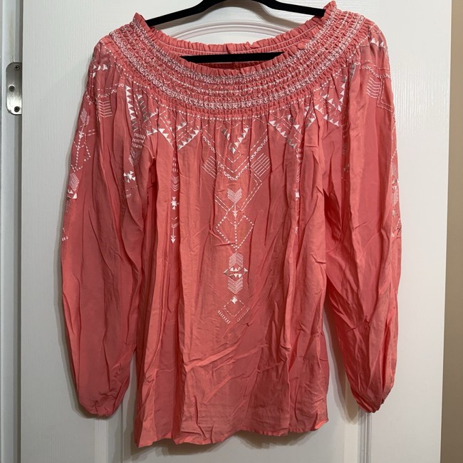 off-shoulder top Etcetera Coral Embroidered Smocked Off-Shoulder Blouse Rayon Size 4 eBay $30