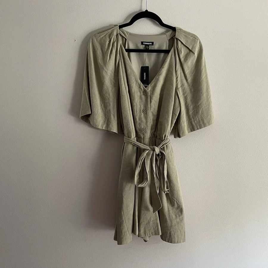 romper Express Women S Sage Green Linen-blend V-neck Button Up Tie Waist eBay - scottleslie $19.99