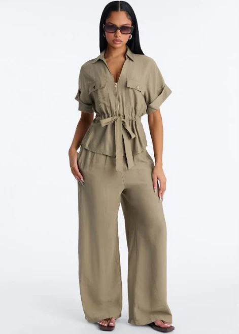 matching set Fashion Nova Linen Short Sleeve Button Up Shirt and Wide Leg Pant Set Fashion Nova $39.99