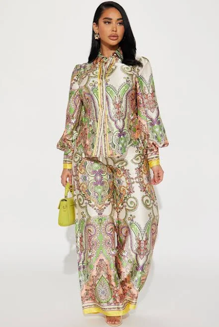 outfit Fashion Nova Long Sleeve Satin Button Up Shirt Wide Leg Pant Set Fashion Nova $41.99