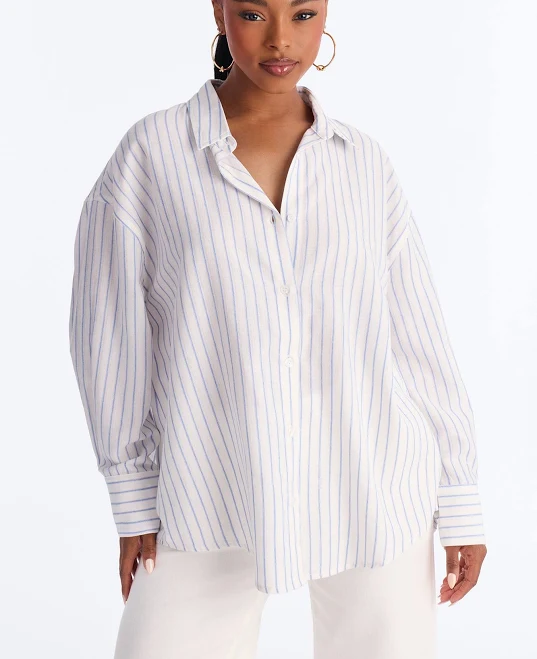top Fashion Nova Oversized Stripes Linen Button Up Shirt Fashion Nova $17.99