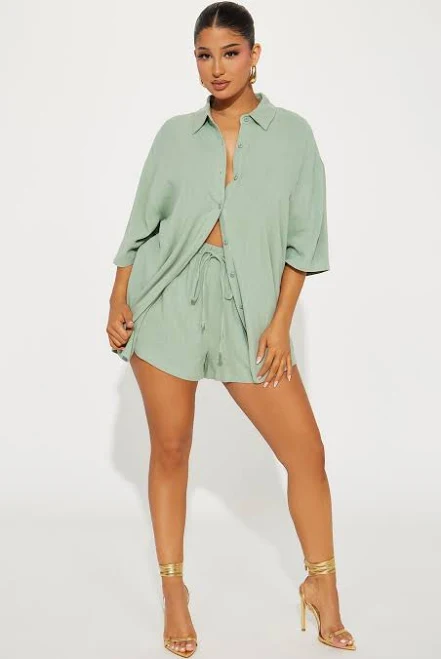 matching set Fashion Nova Short Sleeve Linen Button Up Shirt Short Set Size Fashion Nova $19.25