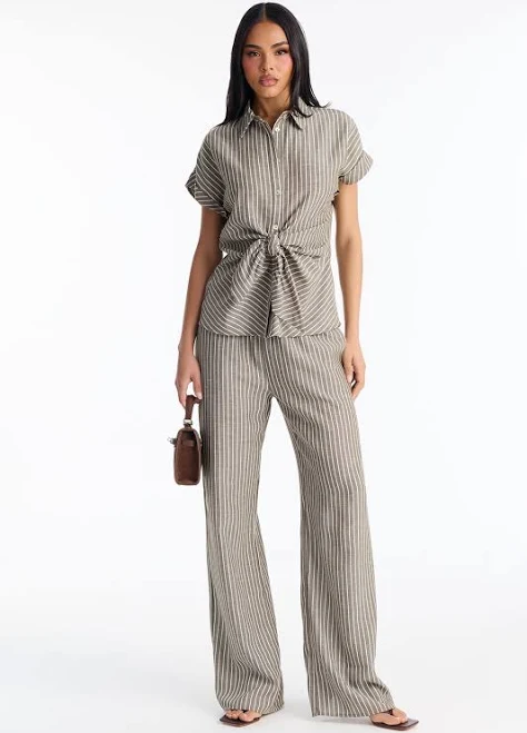 outfit Fashion Nova Tie Front Linen Button Up Shirt and Wide Leg Pant Set Fashion Nova $23.99