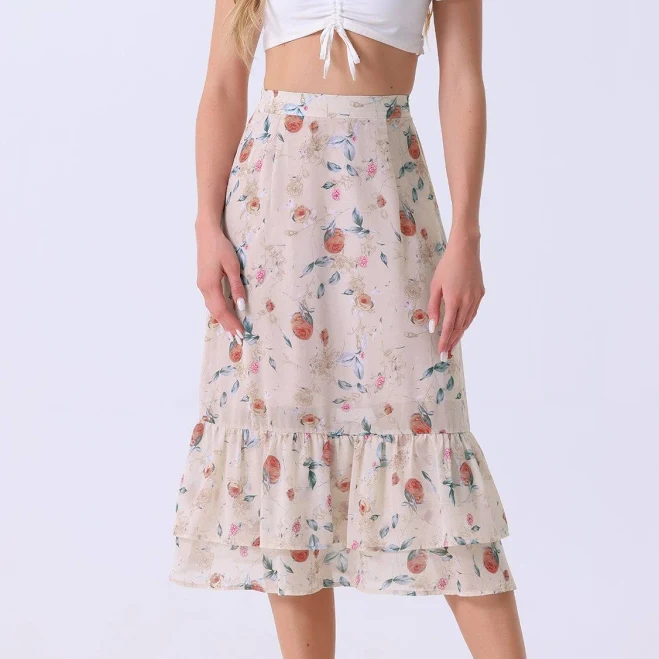 skirt Floral Chiffon Tiered Flowy Midi Skirt Allegra K $48.99