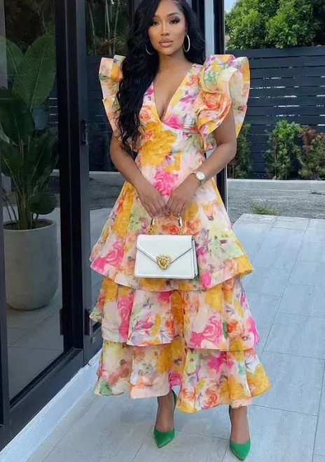 dress Floral Print Deep V Neck Maxi Dress with Layered Ruffles Loragal $50.99