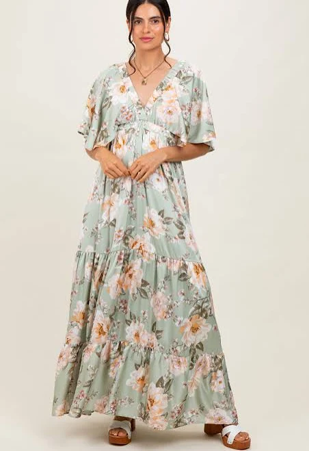 dress Floral Print Elbow Sleeve V-Neck Tiered Maxi Dress PinkBlush Maternity $67