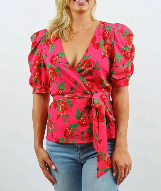 top Floral Print Puff Sleeve Wrap Top Elenista $44