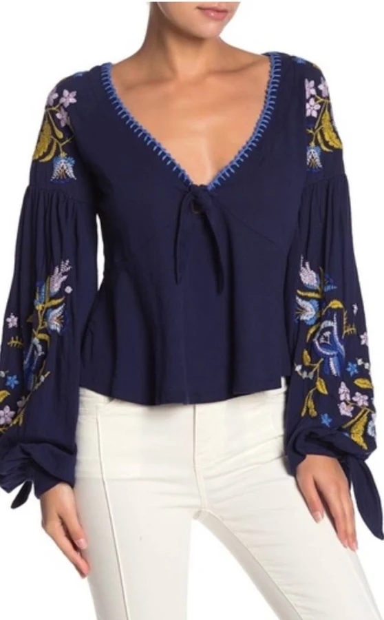 top Free People Kara Embroidered Balloon Sleeve Boho Peasant Top Navy eBay - ristow6 $39.99