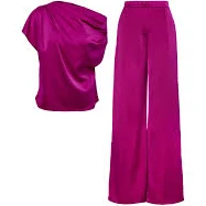 matching set Fuchsia Set With Asymmetrical Draped Top And Wide Leg Trousers by BLUZAT wolfandbadger.com $295