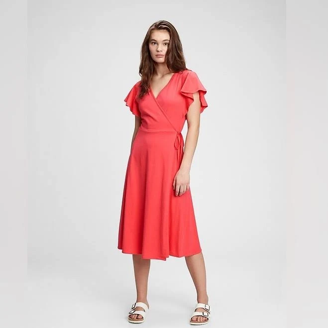 dress Gap Dresses | Gap Coral Wrap Midi Dress With Flutter Sleeves. $85 Msrp | Color: Pink | Size: S | Angies_Closet02's Closet Poshmark $29