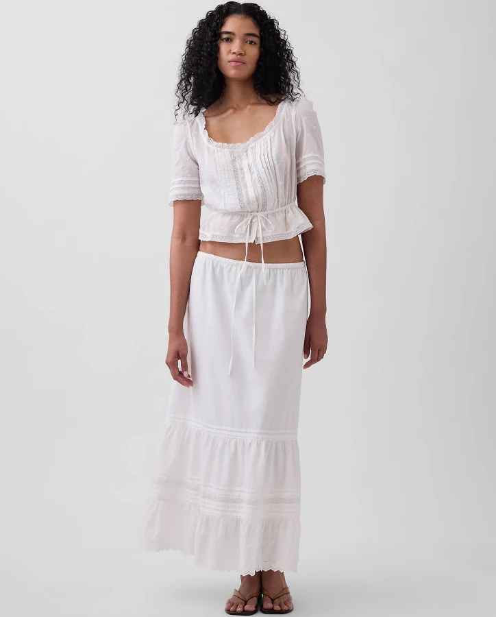 bottom Gap Women's High Rise Tiered Lace-Trim Maxi Skirt Gap $71