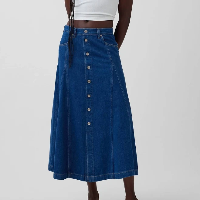 denim skirt Gap Women's Seamed Denim Button-Front Maxi Skirt Gap $47