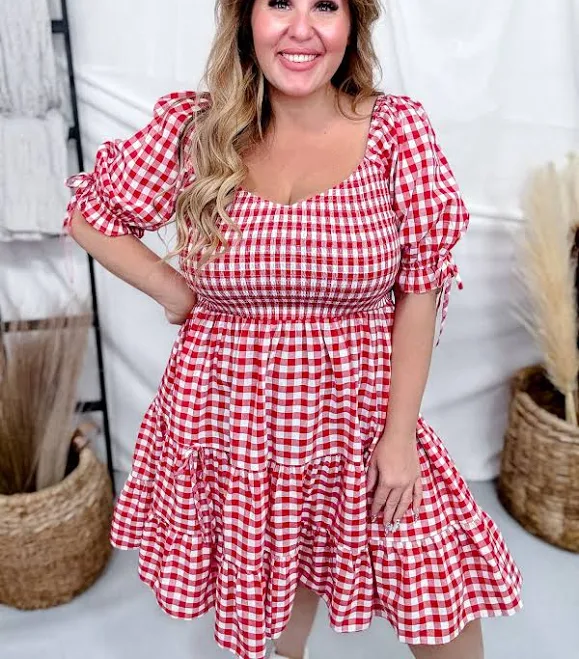 dress Gingham Puff Sleeve Midi Dress Whiskey Skies $67.95