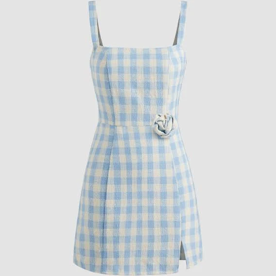 dress Gingham Square Neck Rosette Check Split Mini Dress Cider $37.9