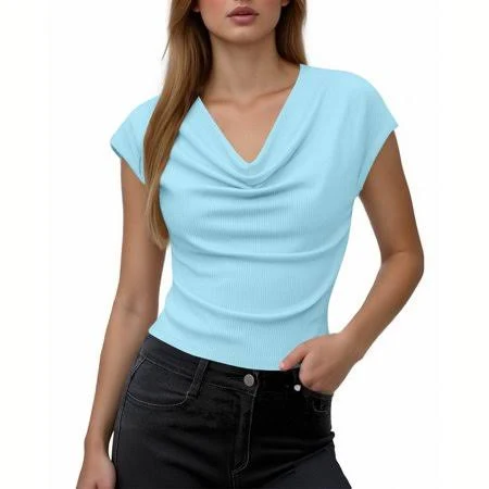 top Guzomy Womens Cowl Neck Crop Top Ribbed Knit Fitted Stretch Cap Sleeve Shirt Casual Walmart - Nebwoak Clothing $11.13