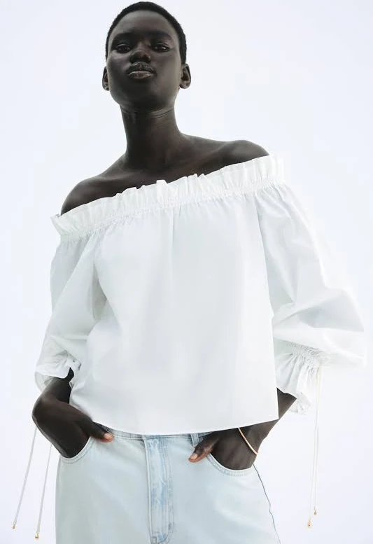off-shoulder top H&M Ladies Off-The-Shoulder Poplin Blouse H&M $29.99