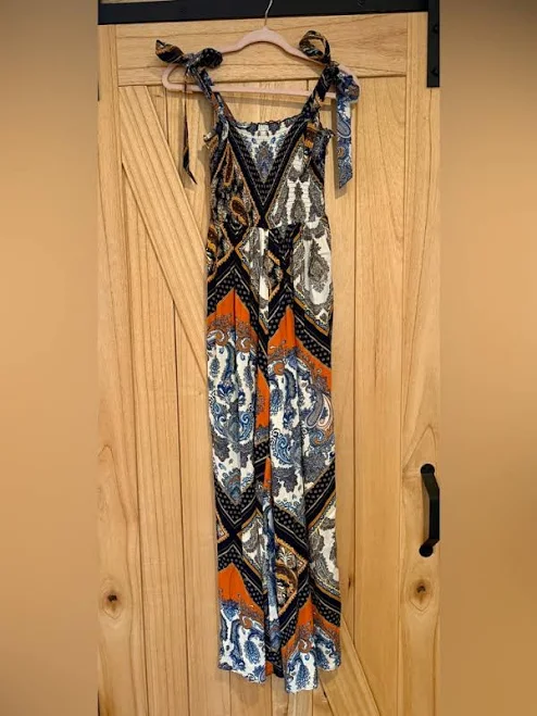 jumpsuit H&M Pants & Jumpsuits | H&M Paisley Print Wide-Leg Jumpsuit In Orange, Navy & White | Color: Blue/Orange | Size: 34eu | Legallyballet's Closet Poshmark $25