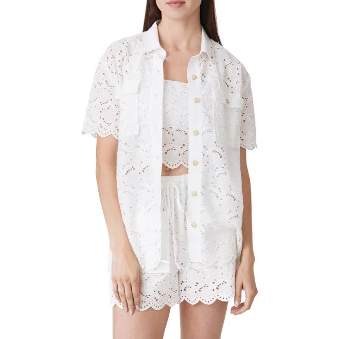 top Habitual Women's Wave Eyelet Short Sleeve Button-Up Shirt Nordstrom $79