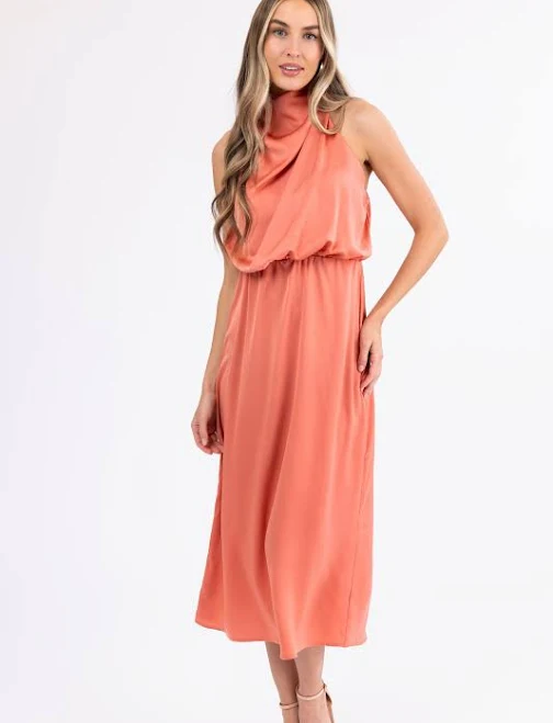 dress Halter Sleeveless Satin Midi Dress Lime Lush $30.95