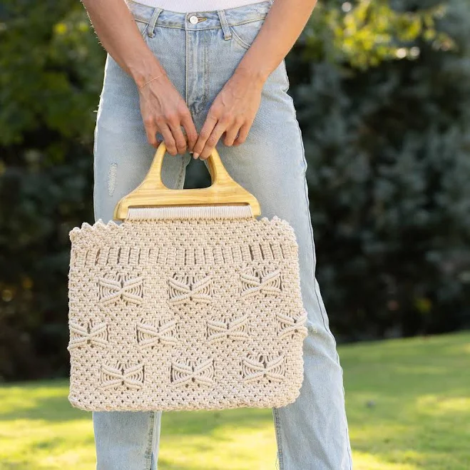 bag Handmade Boho Macrame Cotton Tote Bag with Wooden Handle Etsy - ShopAnju $60