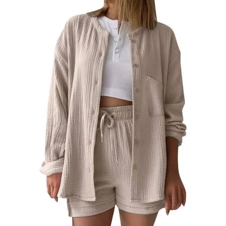 matching set Hurxie 2 Piece Linen Set for Women Oversized Wrinkle Long Sleeve Button Down Shirts and Drawstring Shorts Beach Outfit Sets Beige,L, Women's, Size: Walmart - ShiKeXi $22.1