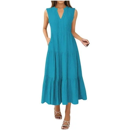 dress jewelreauty Womens Ruffle Tiered Maxi Dress Sleeveless V Neck Summer Casual Tank Sundress Cozy Flowy Long Dress Walmart - Jewelreauty Clothes $10.79