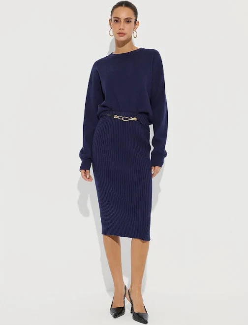 matching set Knit Crew Neck Sweater and Ribbed Midi Skirt Commense $72