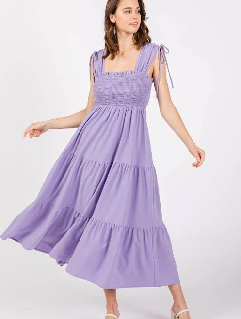 dress Lavender Smocked Sleeveless Drawstring Shoulder Tiered Midi Dress PinkBlush Maternity $35