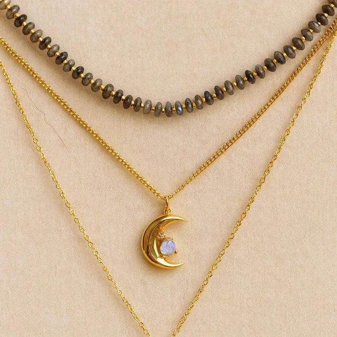accessory Layered Gold Labradorite, Moonstone, and Diamond Necklace Set Etsy - Seller $120