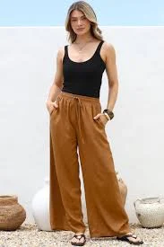 matching set Leslie Linen Elasticated Waist Straight Leg Pants Salty Crush $55