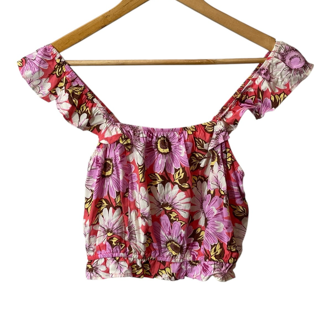 off-shoulder top Lily Rose Crop Top Womens Small Pink Floral Off Shoulder Ruffle Summer Boho New eBay $15.19